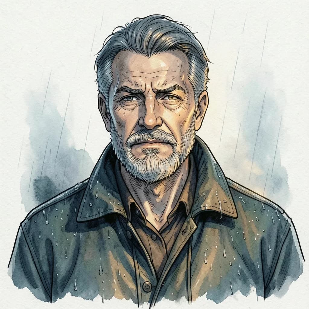 Portrait of Theodric Ashgrove, a harbor foghorn keeper with a grey-streaked beard and oilskin coat