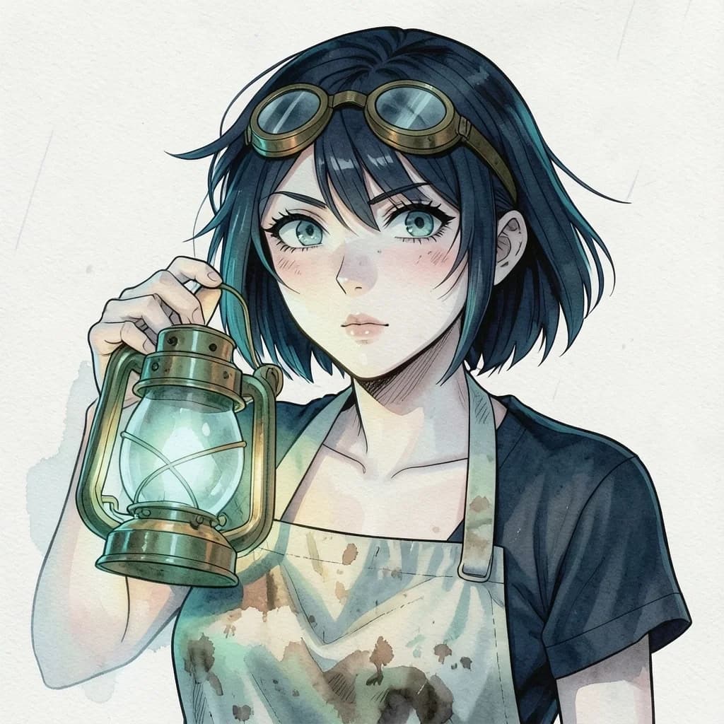 Portrait of Mira Voss, a lampwright with short dark hair and brass goggles