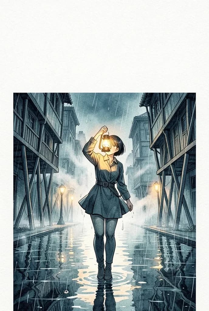 Book cover style illustration of a lampwright holding a glowing lantern above a flooded street