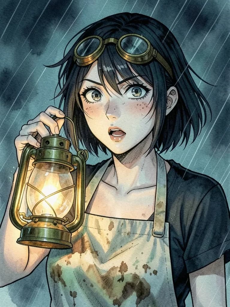 A lampwright with short dark hair and brass goggles on her forehead, astonished by the glowing lantern she holds