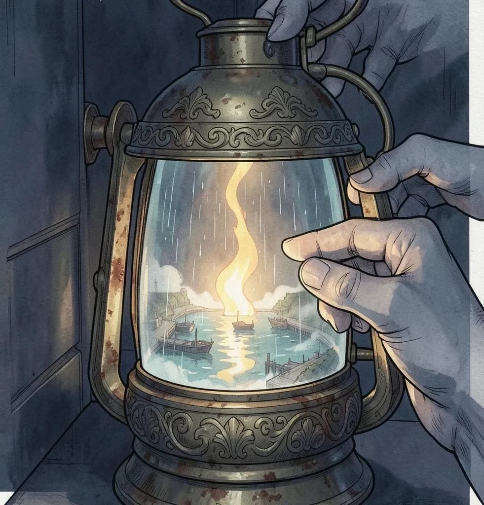 Gloved hands opening a brass lantern in which a tiny ghostly harbor scene floats in the flame