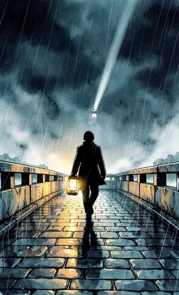 A silhouetted figure carrying an enormous lantern across a stone bridge in heavy rain