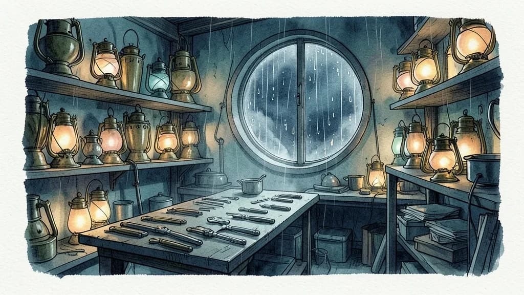 A cluttered lampwright workshop at night with shelves of softly glowing lanterns