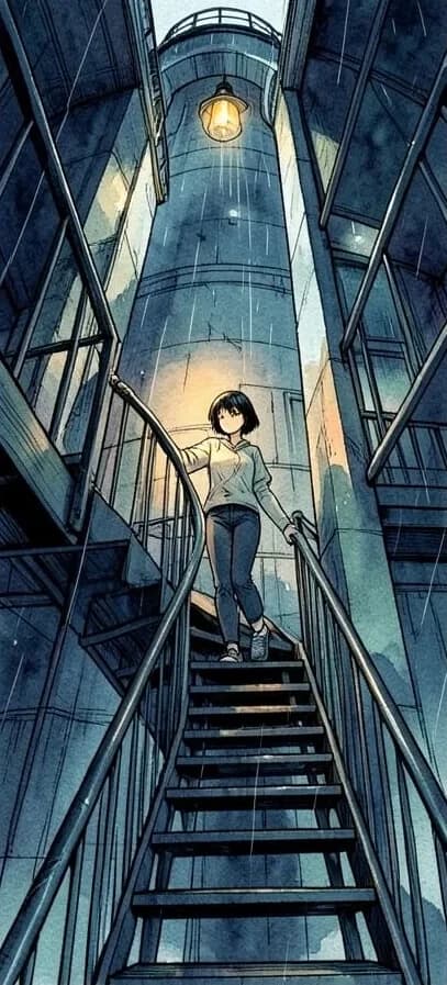 Looking up a spiral staircase inside a lighthouse as Mira climbs with a lantern