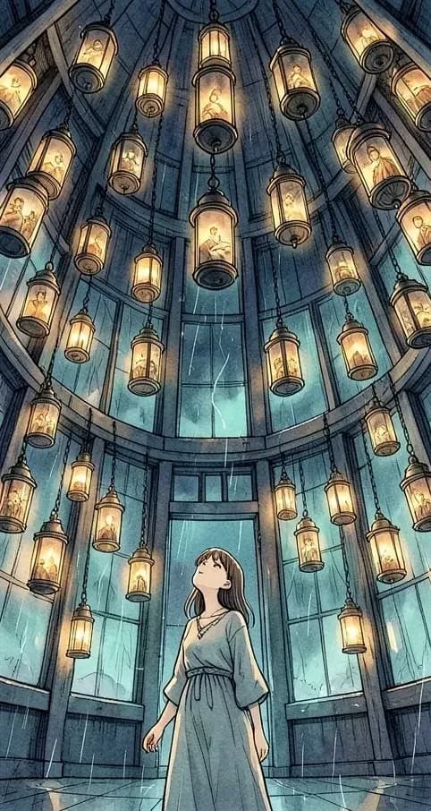 A round lighthouse room of hanging lanterns with a woman of long brown hair looking up, not matching Mira