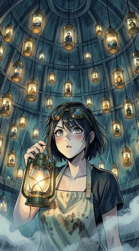 Mira with short dark hair stands in a round room of hanging lanterns, looking up